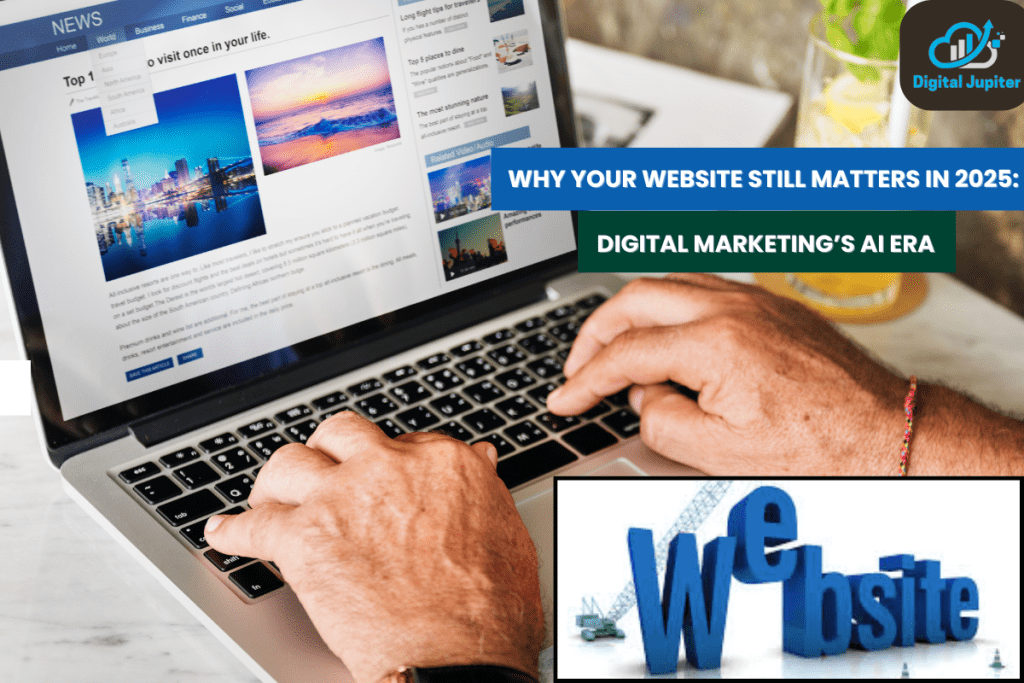 A futuristic laptop website with AI digital marketing icons in 2025.